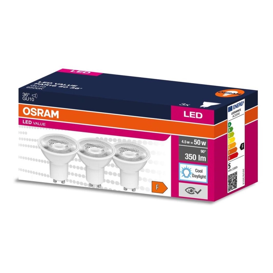 SADA 3x LED Žiarovka PAR16 GU10/4,5W/230V 6500K 36° - Osram