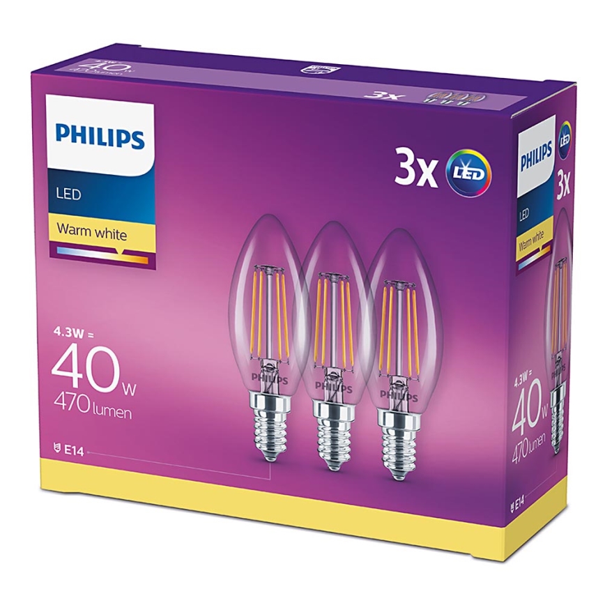 SADA 3x LED Žiarovka VINTAGE Philips E14/4,3W/230V 2700K