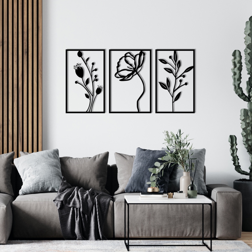 SADA 3x Nástenná dekorácia 78x39 cm kvety kov