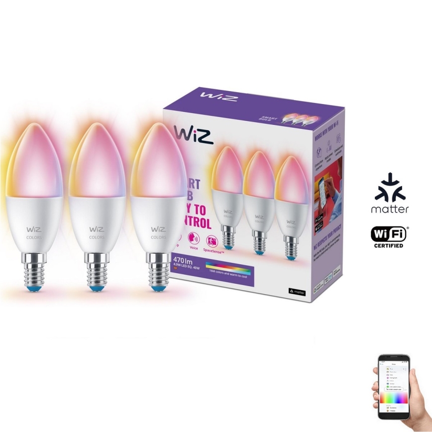 SADA 3xLED RGBW Stmievateľná žiarovka C37 E14/4,9W/230V 2200-6500K CRI90 Wi-Fi-WiZ