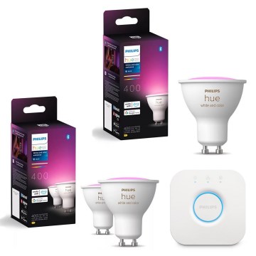 Sada 3× stmievateľných LED RGBW žiaroviek Philips Hue WHITE AND COLOR AMBIANCE GU10, 4,2 W, 230 V, 2000–6500 K + Hue Bridge