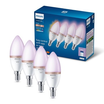 Sada 4 ks stmievateľných LED RGB žiaroviek Philips SMART C37 E14, 4,9 W, 230 V, 2200–6500 K
