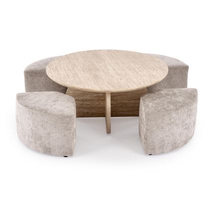 SADA Konferenčný stolík NUGAT pr. 80 cm + 4x taburet travertín/sivá