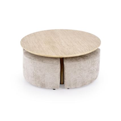 SADA Konferenčný stolík NUGAT pr. 80 cm + 4x taburet travertín/sivá