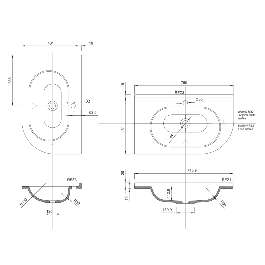 Sapho - Rohové zapustené umývadlo PULSE 75x43 cm mramor/biela