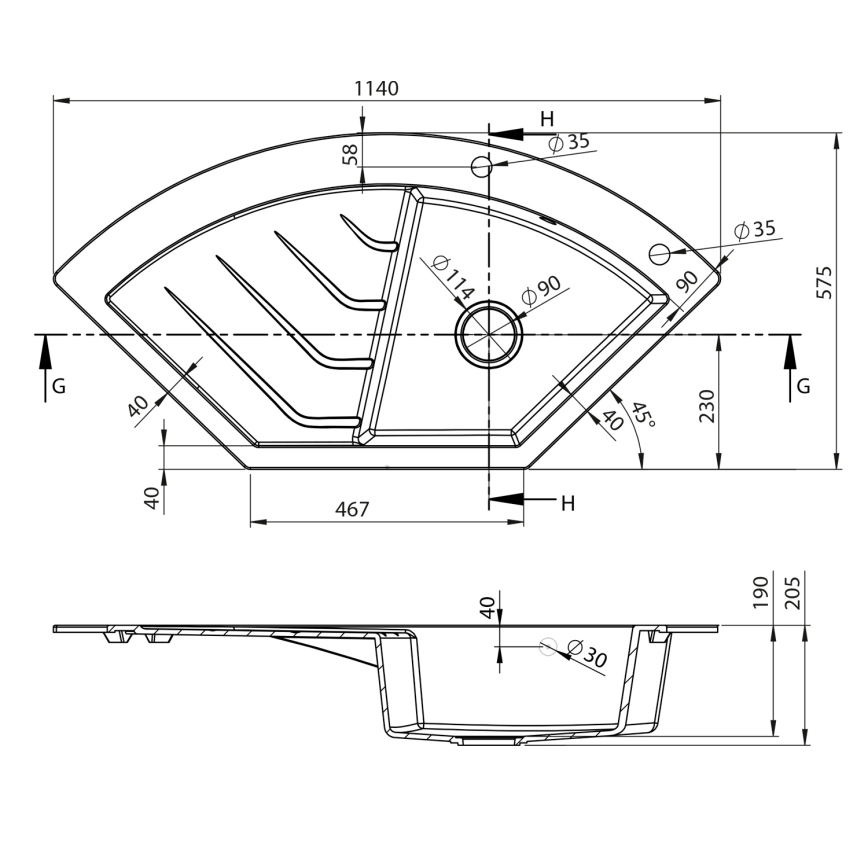 Sapho - Rohový kuchynský drez 114x57,5 cm granit/čierny