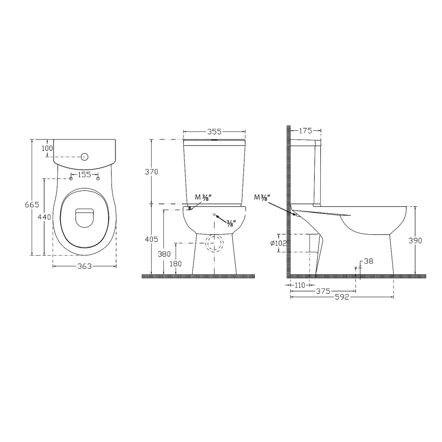 Sapho - WC kombi s bidetovou sprškou, zadné odpadové pripojenie, keramika/biela