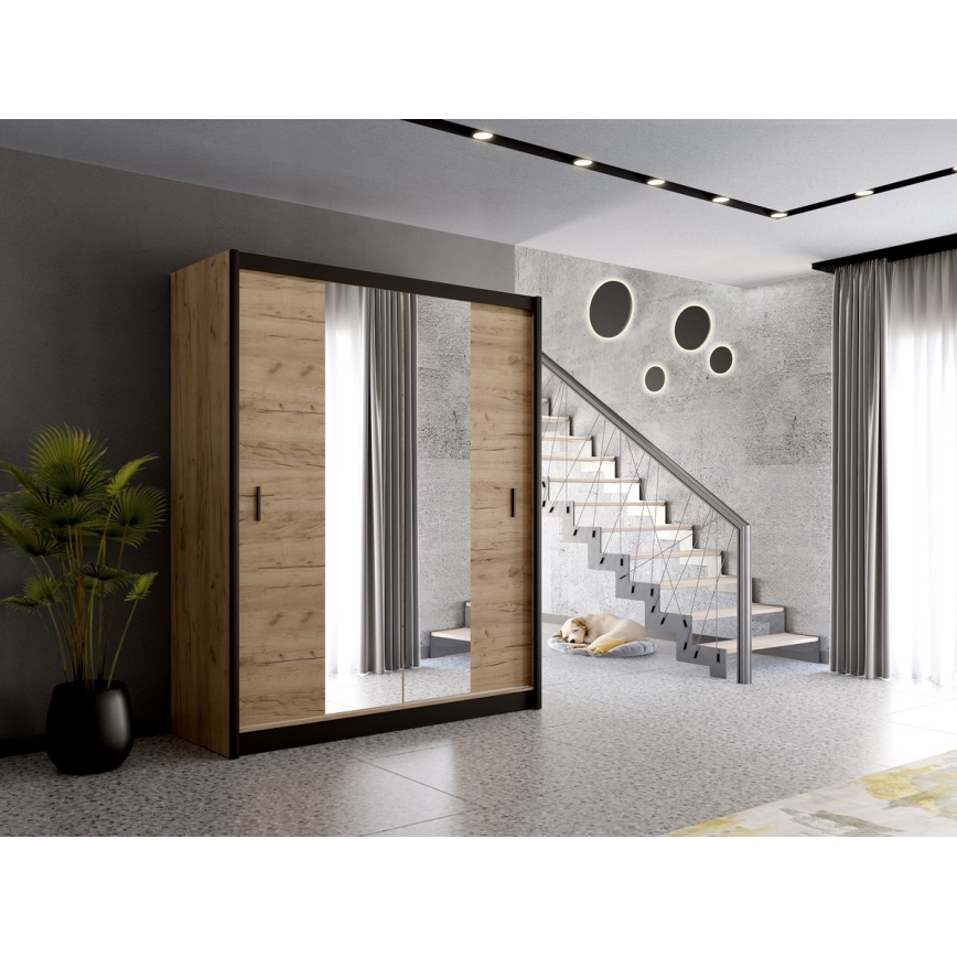 Šatní skriňa so zrkadlom MIRO 203x215 cm dub craft/čierna