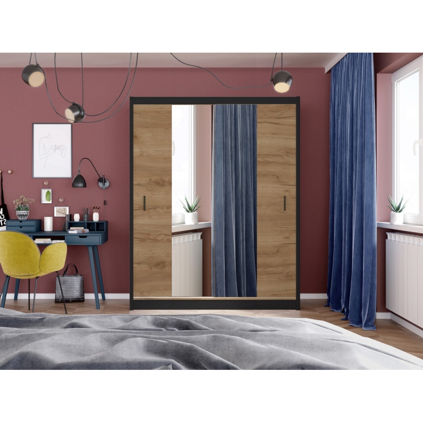 Šatní skriňa so zrkadlom MIRO 203x215 cm dub craft/čierna
