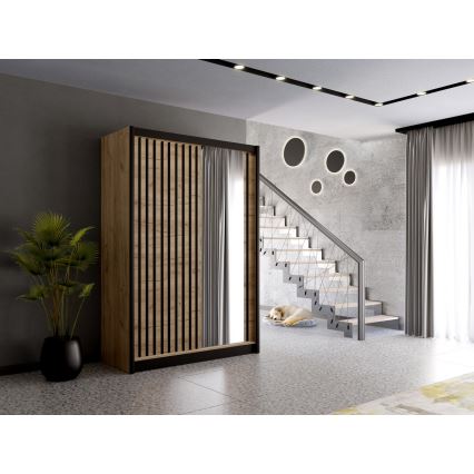 Šatníková skriňa so zrkadlom SANTINO 150x215 cm dub craft/čierna