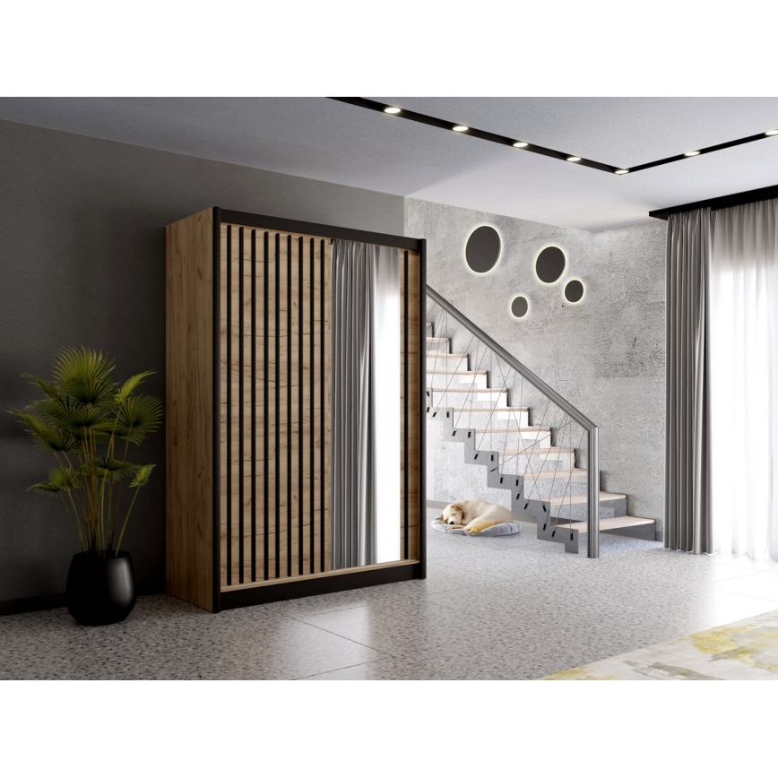 Šatníková skriňa so zrkadlom SANTINO 150x215 cm dub craft/čierna