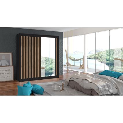 Šatníková skriňa so zrkadlom SANTINO 203x215 cm čierna/dub craft