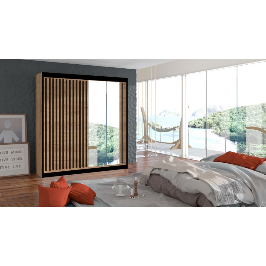 Šatníková skriňa so zrkadlom SANTINO 203x215 cm dub craft/čierna