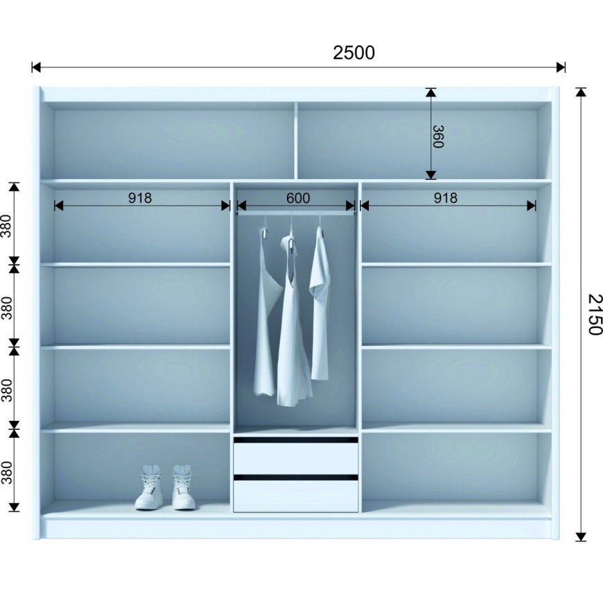 Šatníková skriňa so zrkadlom SANTINO 250x215 cm dub craft/čierna
