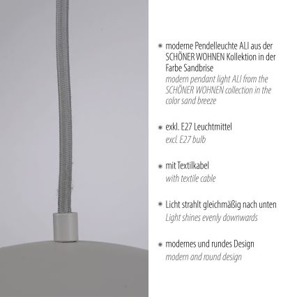 Schöner Wohnen 11728-39 - Závesné svietidlo ALI na lanku 1xE27/25W/230V pr. 38 cm sivá