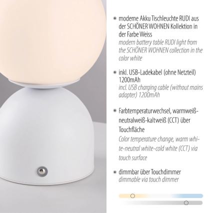 Schöner Wohnen 19218-16 - LED stmievateľná dotyková nabíjateľná stolná lampa RUDI LED/1,2W/5V 3000-6000K 1200 mAh biela