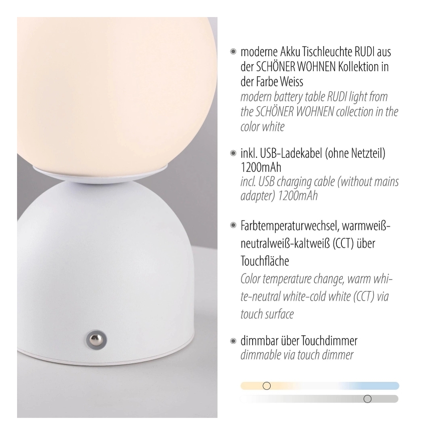 Schöner Wohnen 19218-16 - LED stmievateľná dotyková nabíjateľná stolná lampa RUDI LED/1,2W/5V 3000-6000K 1200 mAh biela