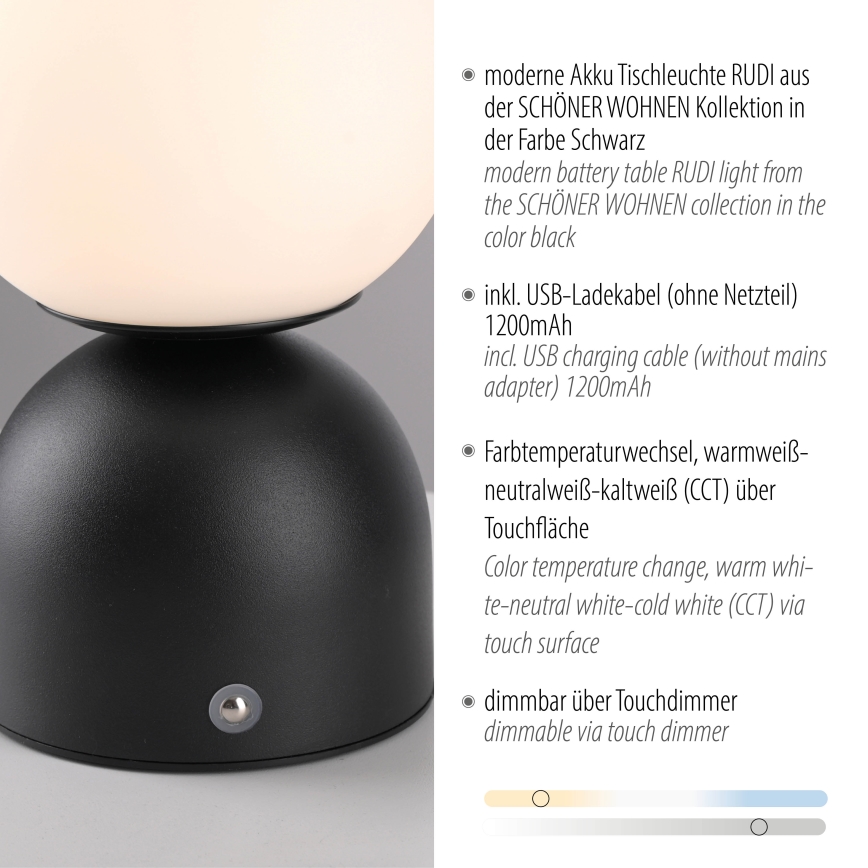 Schöner Wohnen 19218-18 - LED stmievateľná dotyková nabíjateľná stolová lampa RUDI LED/1,2W/5V 3000-6000K 1200 mAh čierna