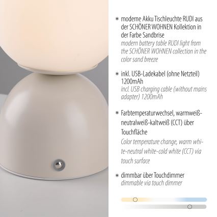 Schöner Wohnen 19218-39 - LED stmievateľná dotyková nabíjateľná stolná lampa RUDI LED/1,2W/5V 3000-6000K 1200 mAh sivá