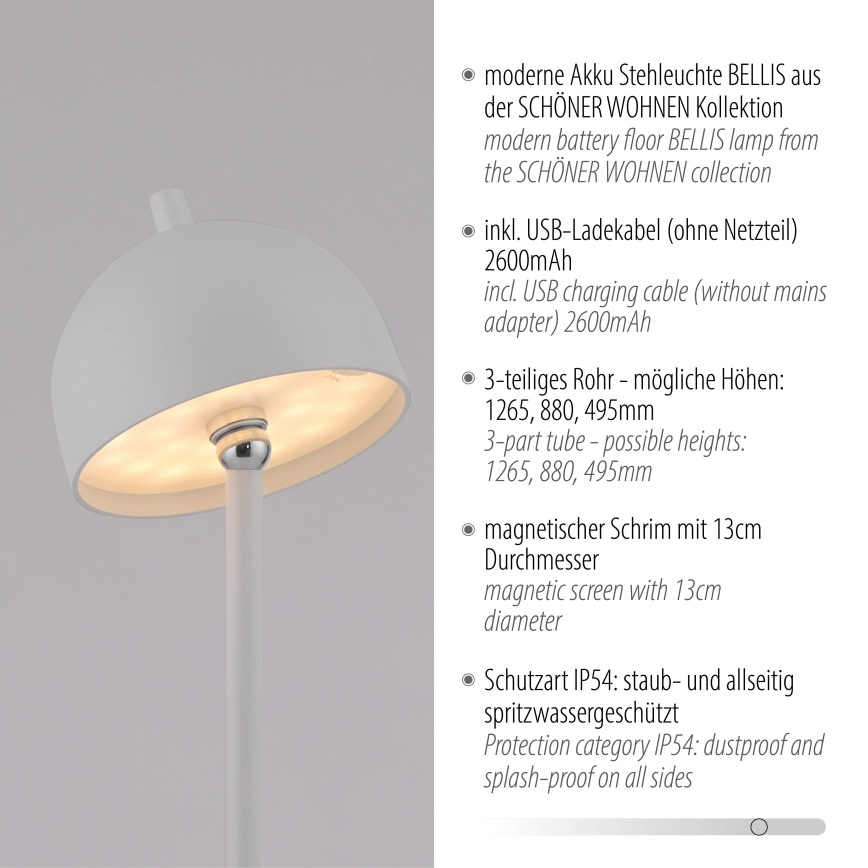 Schöner Wohnen 19245-16 - LED stmievateľná dotyková nabíjacia vonkajšia stojaca lampa BELLIS LED/2,5W/5V 2600 mAh IP54 biela