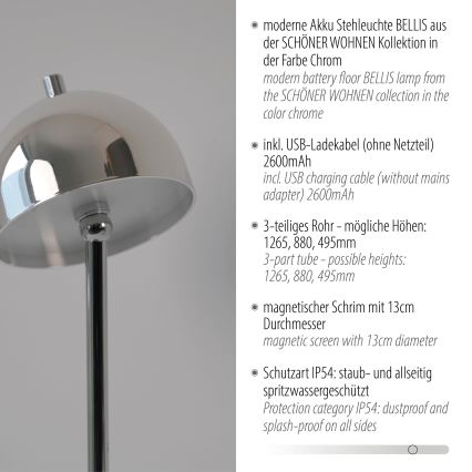 Schöner Wohnen 19245-17 - LED stmievateľná dotyková nabíjacia vonkajšia stojacia lampa BELLIS, LED 2,5 W / 5 V, 2600 mAh, IP54, lesklý chróm