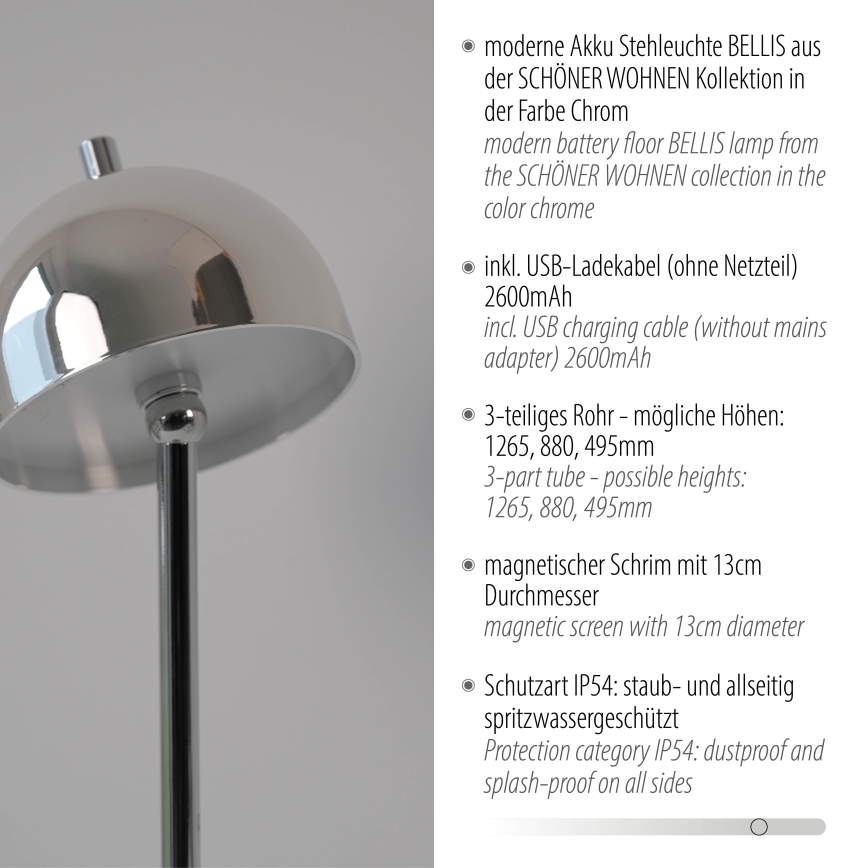 Schöner Wohnen 19245-17 - LED stmievateľná dotyková nabíjacia vonkajšia stojacia lampa BELLIS, LED 2,5 W / 5 V, 2600 mAh, IP54, lesklý chróm