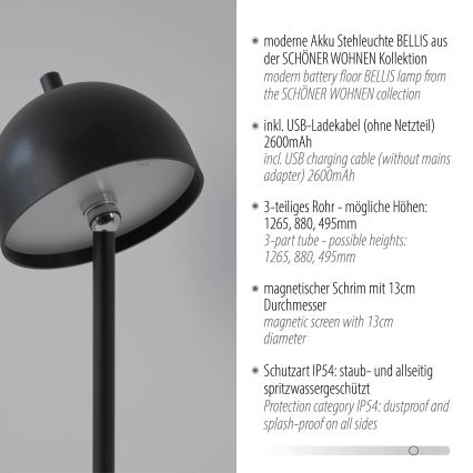 Schöner Wohnen 19245-18 - LED stmievateľná dotyková dobíjateľná vonkajšia stojacia lampa BELLIS LED/2,5W/5V 2600 mAh IP54 čierna