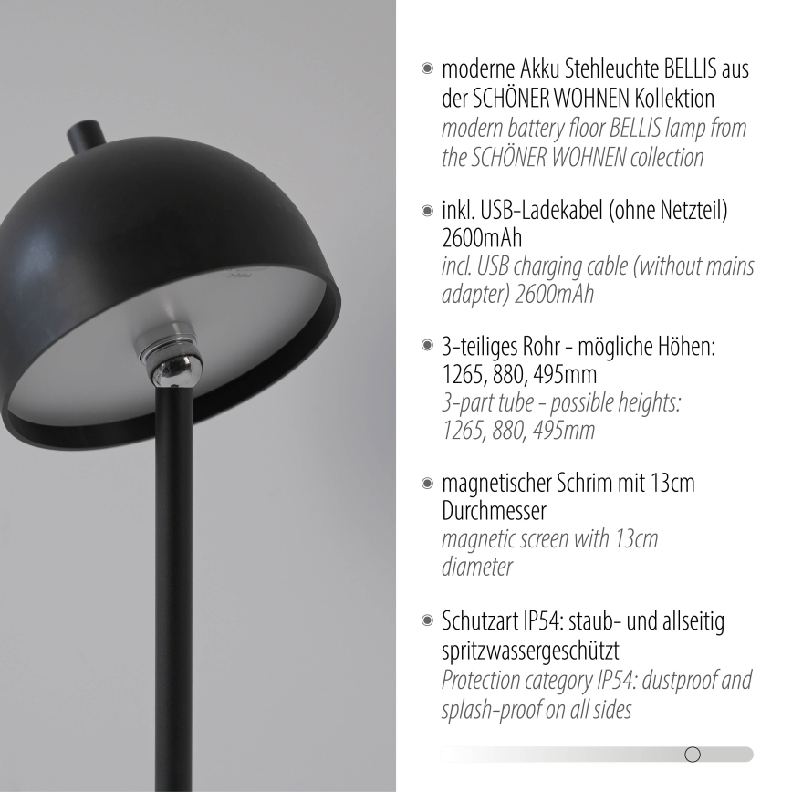 Schöner Wohnen 19245-18 - LED stmievateľná dotyková dobíjateľná vonkajšia stojacia lampa BELLIS LED/2,5W/5V 2600 mAh IP54 čierna