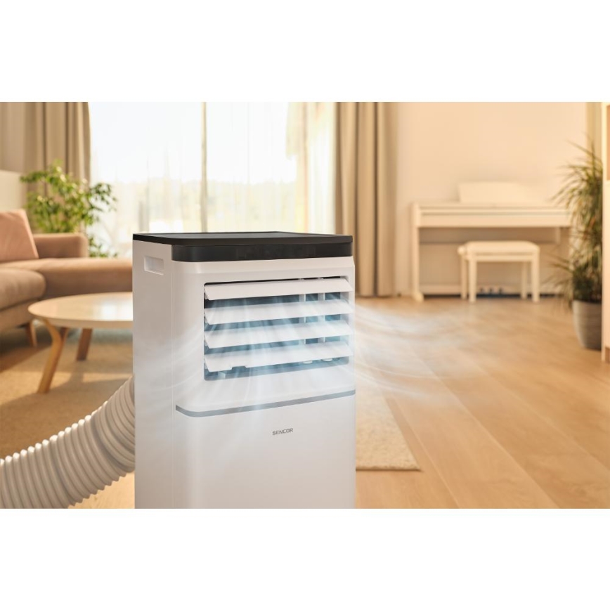 Sencor - Inteligentná mobilná klimatizácia 3 v 1 vrátane kompletného príslušenstva 760W/230V 7000 BTU Wi‑Fi biela + diaľkové ovládanie