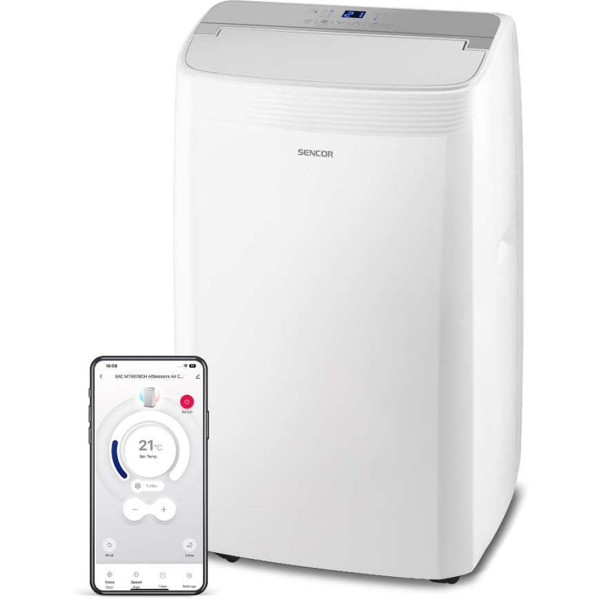 Sencor - Inteligentná prenosná klimatizácia 5 v 1 vrátane kompletného príslušenstva 733W/230V 9000 BTU Wi-Fi biela + diaľkové ovládanie