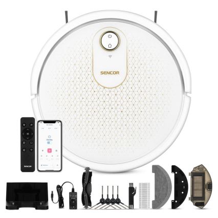 Sencor - Inteligentný robotický vysávač s mopom 2v1 28W/2600 mAh Wi-Fi biela + diaľkové ovládanie