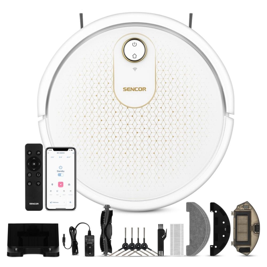 Sencor - Inteligentný robotický vysávač s mopom 2v1 28W/2600 mAh Wi-Fi biela + diaľkové ovládanie