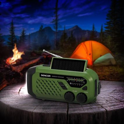 Sencor - Kempingové rádio so solárnym panelom a LED baterkou 5V/2000 mAh IPX4 zelená