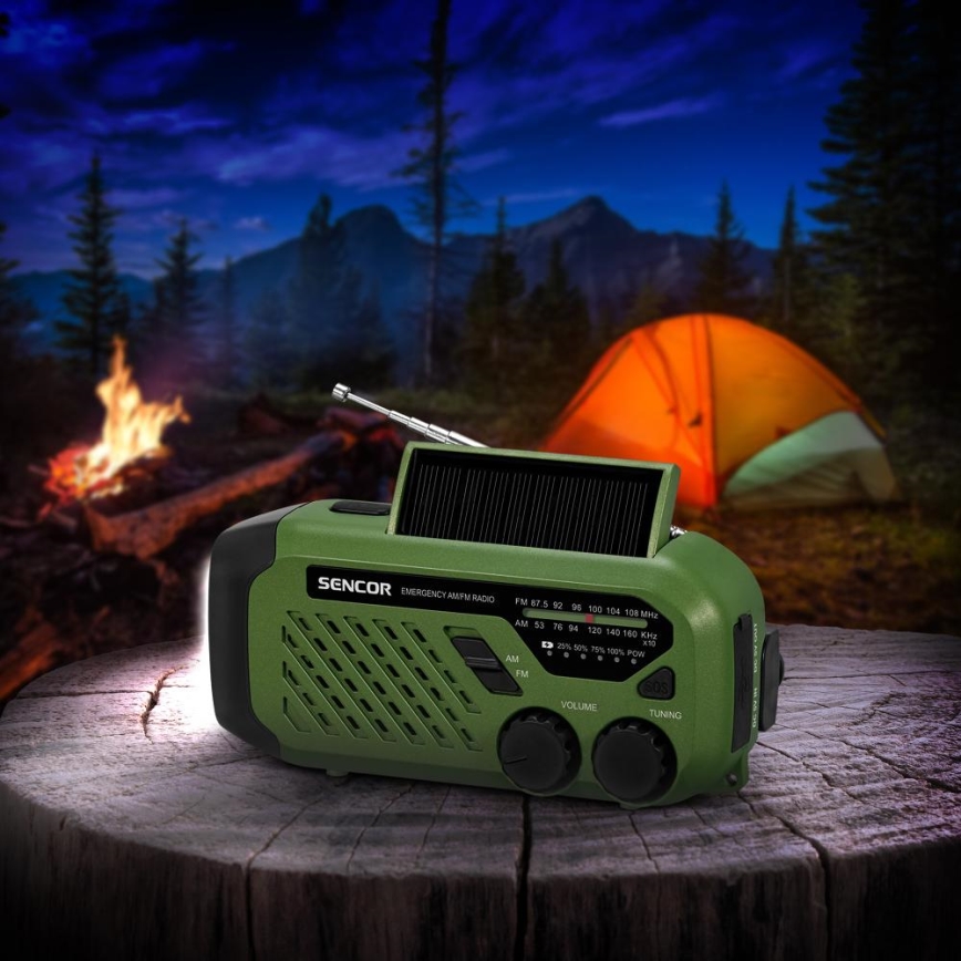Sencor - Kempingové rádio so solárnym panelom a LED baterkou 5V/2000 mAh IPX4 zelená