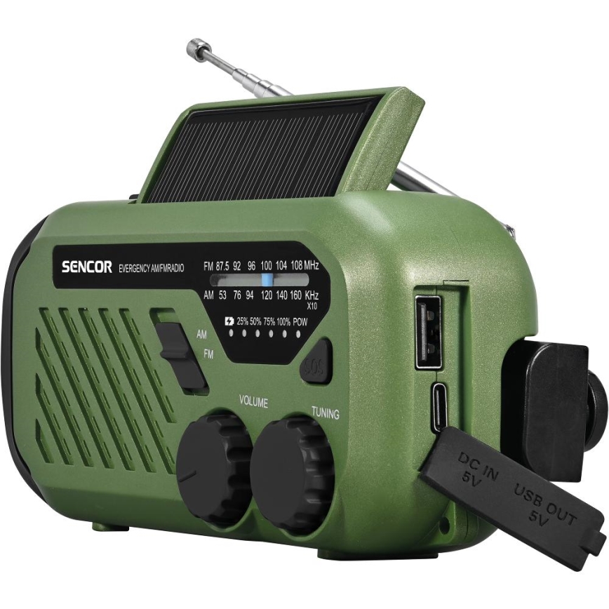 Sencor - Kempingové rádio so solárnym panelom a LED baterkou 5V/2000 mAh IPX4 zelená