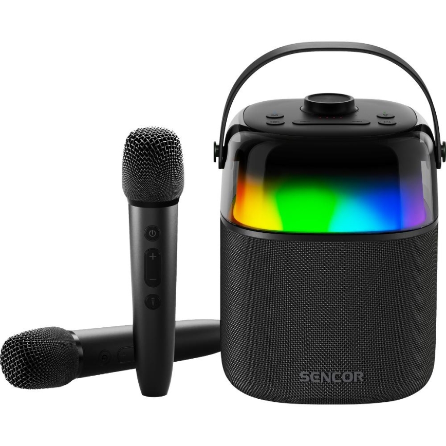Sencor - LED RGB Reproduktor s bezdrôtovými mikrofónmi 35W 8000 mAh + 2x 1800 mAh IPX5 čierna