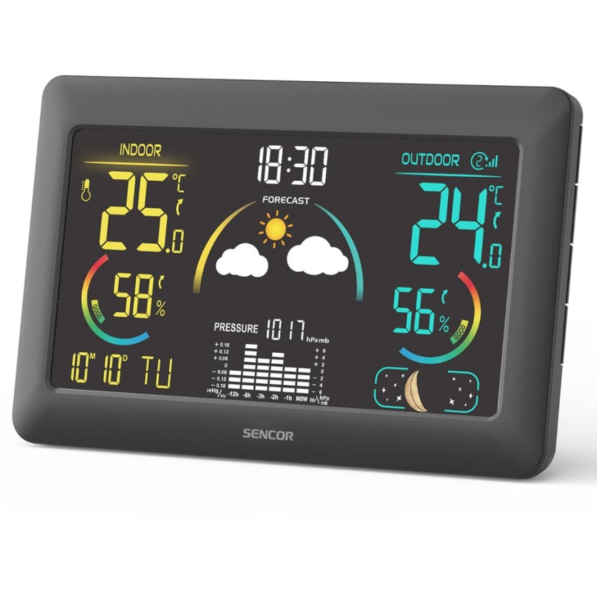 Sencor - Meteostanica s farebným LCD displejom a budíkom 3xAA