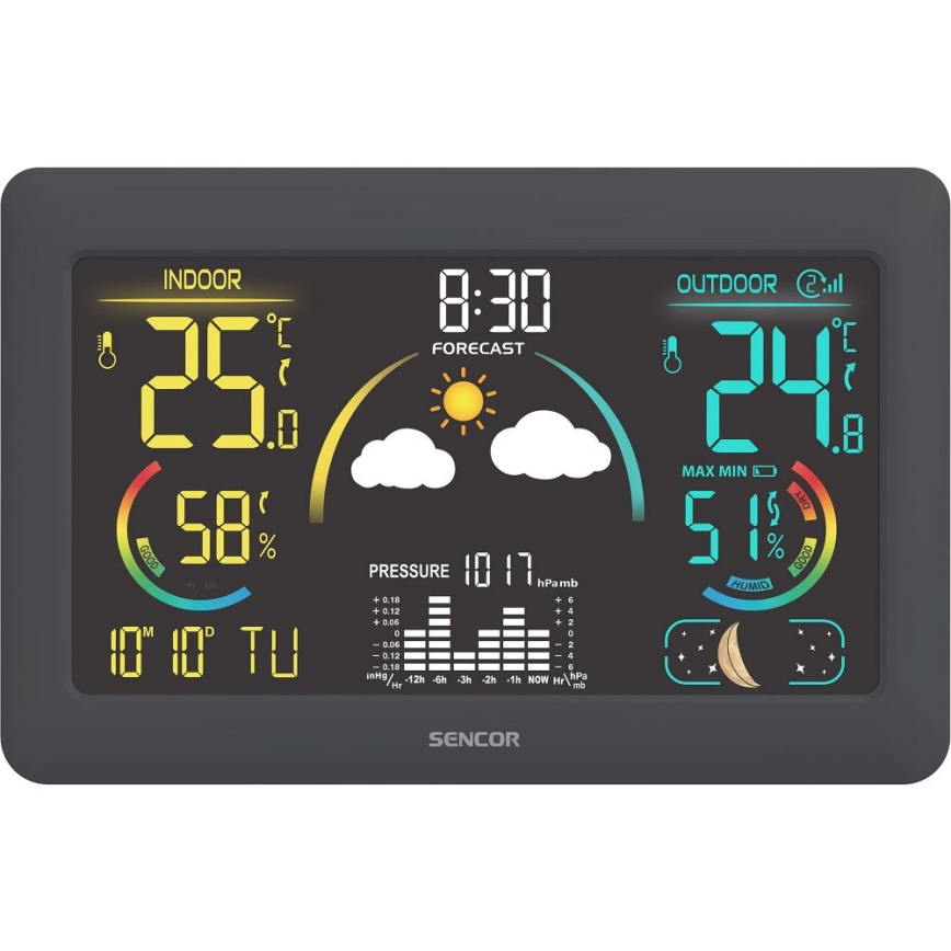 Sencor - Meteostanica s farebným LCD displejom a budíkom 3xAA