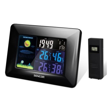 Sencor - Meteostanica s farebným LCD displejom a budíkom 3xAAA čierna