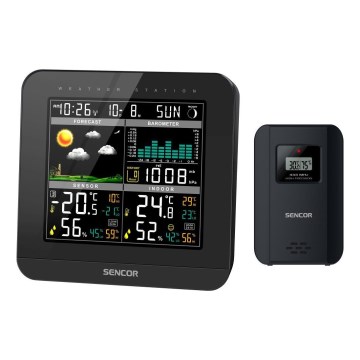 Sencor - Meteostanica s farebným LCD displejom a budíkom 3xAAA čierna