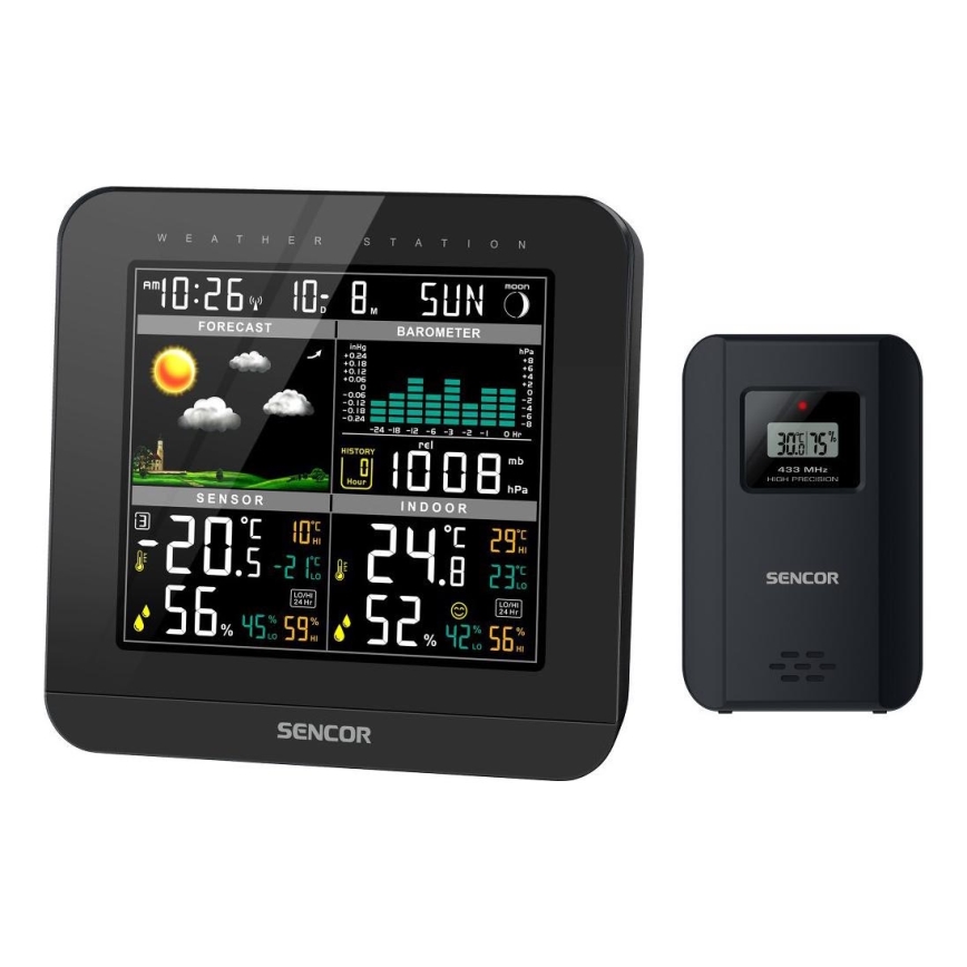 Sencor - Meteostanica s farebným LCD displejom a budíkom 3xAAA čierna