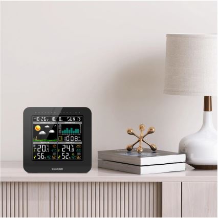 Sencor - Meteostanica s farebným LCD displejom a budíkom 3xAAA čierna