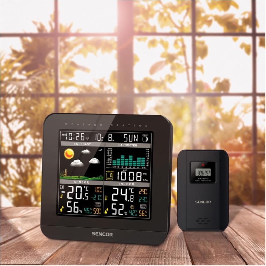 Sencor - Meteostanica s farebným LCD displejom a budíkom 3xAAA čierna