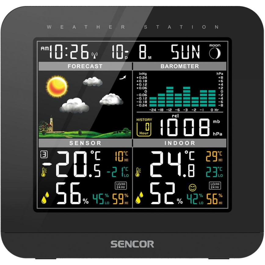 Sencor - Meteostanica s farebným LCD displejom a budíkom 3xAAA čierna