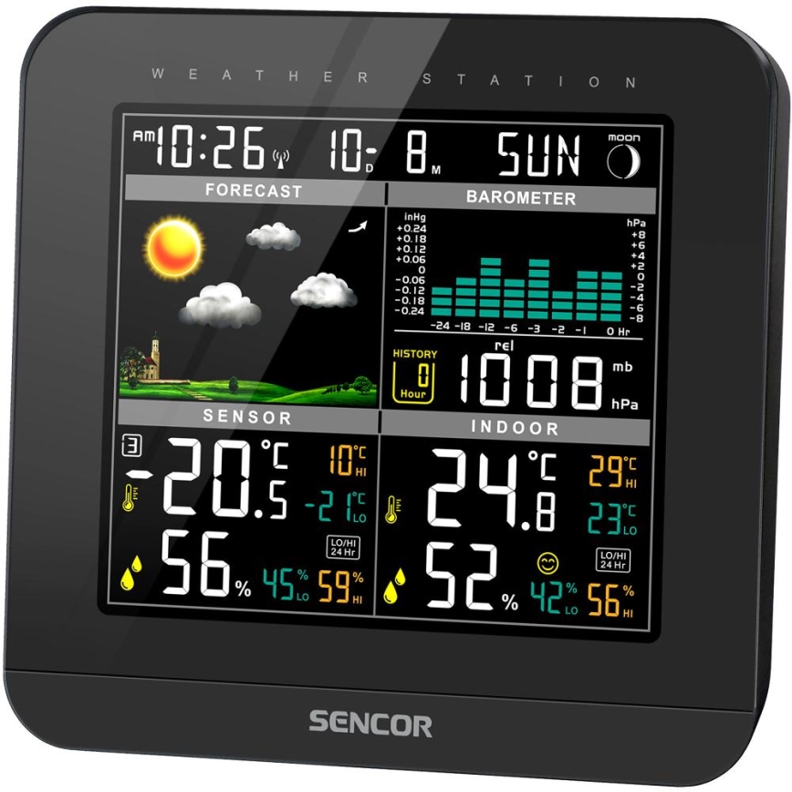 Sencor - Meteostanica s farebným LCD displejom a budíkom 3xAAA čierna