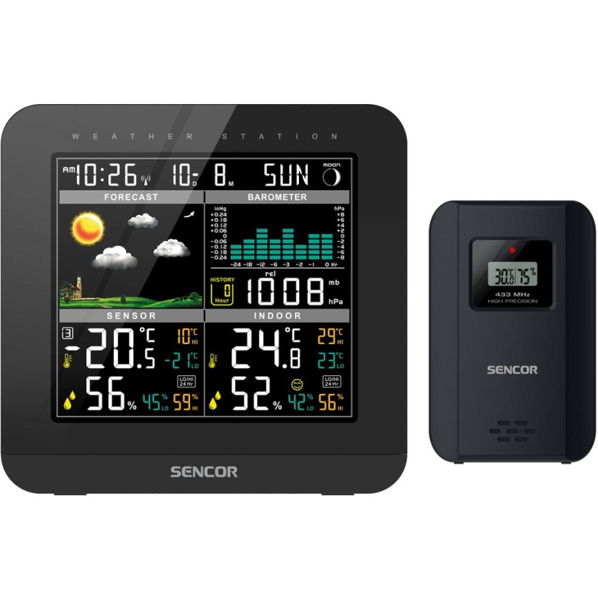 Sencor - Meteostanica s farebným LCD displejom a budíkom 3xAAA čierna