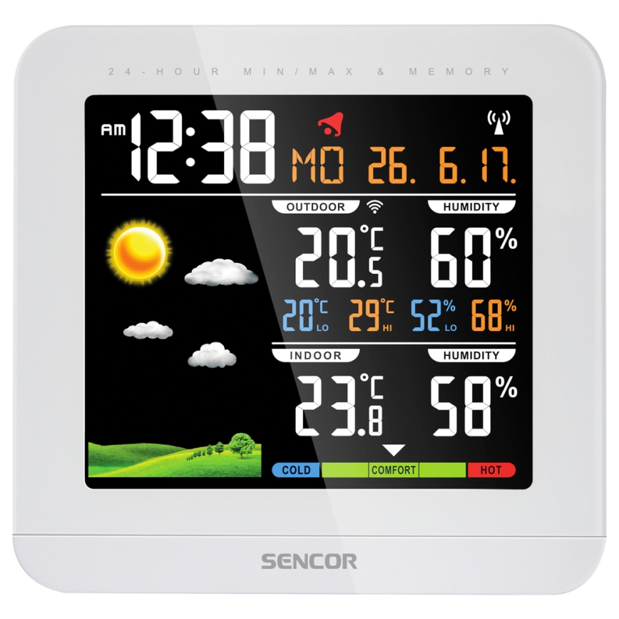 Sencor - Meteostanica s farebným LCD displejom a budíkom 3xAAA