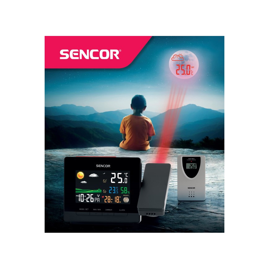 Sencor - Meteostanica s farebným LCD displejom, budíkom a projektorom 2xAA
