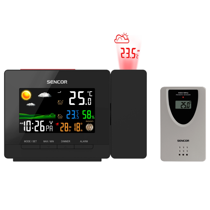 Sencor - Meteostanica s barevným LCD displejem, budíkom a projektorom 2xAA + 2xAAA