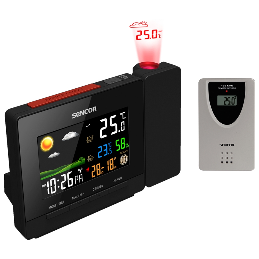 Sencor - Meteostanica s barevným LCD displejem, budíkom a projektorom 2xAA + 2xAAA